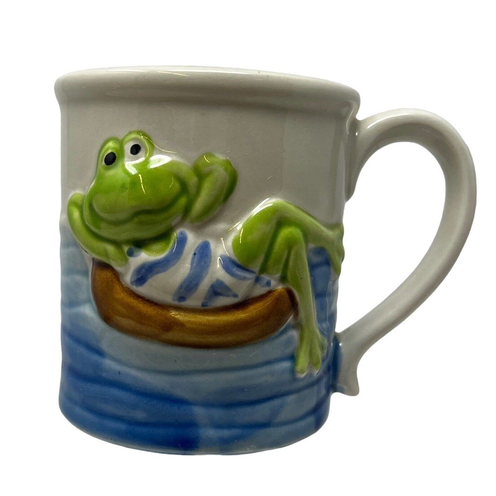 Vintage Enesco Frog Tubing Water Coffee Mug 3D Frog In Raft Floating Japan
